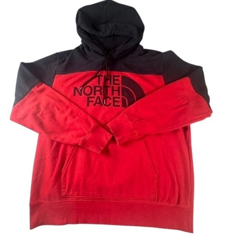The North Face Hoodie Mens XL Red Black Colorblock Pullover Logo Sweatshirt